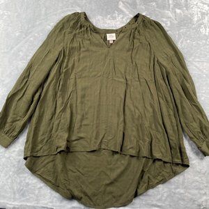 Knox Rose Top Womens XL Olive Green Hi Low Grommet Split Neck Flowy Long Sleeve